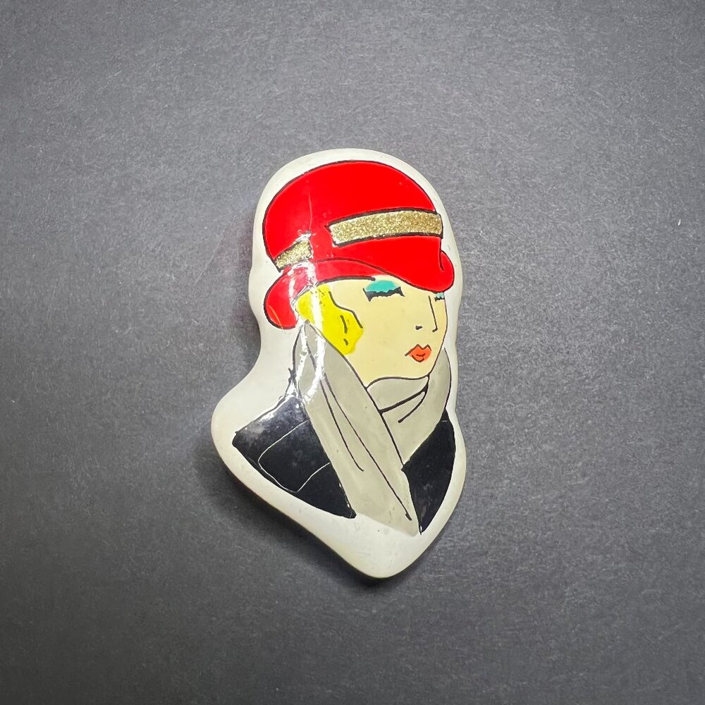 VTG Hand Painted Clay Art Ceramic Art Deco Flapper Girl w/ Red Hat Brooch Pin